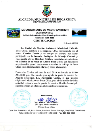 Certification for the participation in the Ecological Day of Control Management and the Collection of Plastic Waste